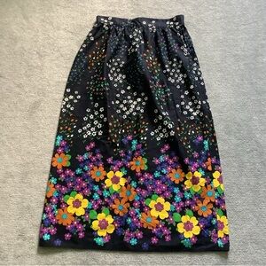 Vintage 70’s Floral Maxi Skirt - Black with Multicolor Flowers Sz. L